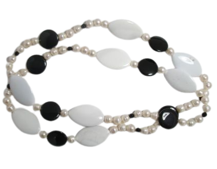 COLLIER EAU DOUCE CHINE 9,5/10MM CERCLEE BLANCHE 16 AGATE OBSIDIENNE