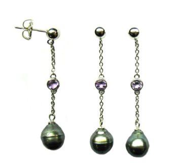 BO ARGENT 925/00 2.80g MERS DU SUD TAHITI 9/10MM CERCLEE 2 AMETHYSTE VIOLET