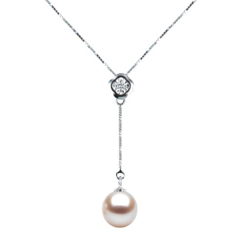 COLLIER OR GRIS 750/00 1.36g EAU DOUCE CHINE 8/8,5MM SEMI-RONDE BLANCHE 1 DIAMANT 0.04CT