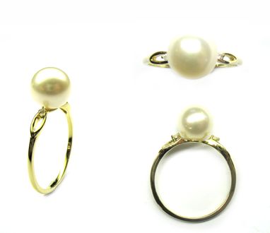 BAGUE OR JAUNE 750/00 1.30g EAU DOUCE CHINE 8/8,5MM RONDE BLANCHE 2 DIAMANT BLANC 0.01CT T54